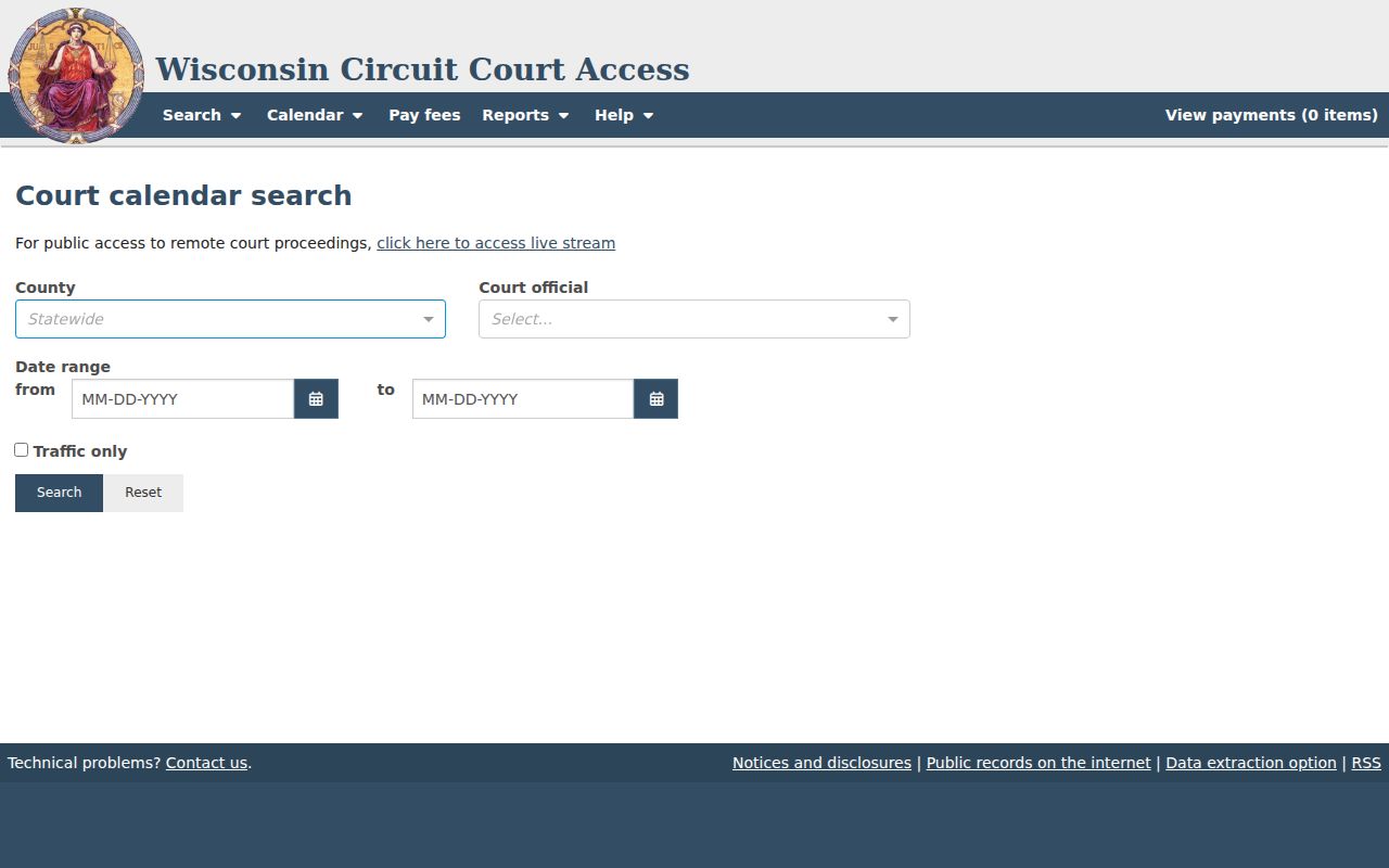 WCCA form for Dunn County court official, date range, and traffic-only calendar searches