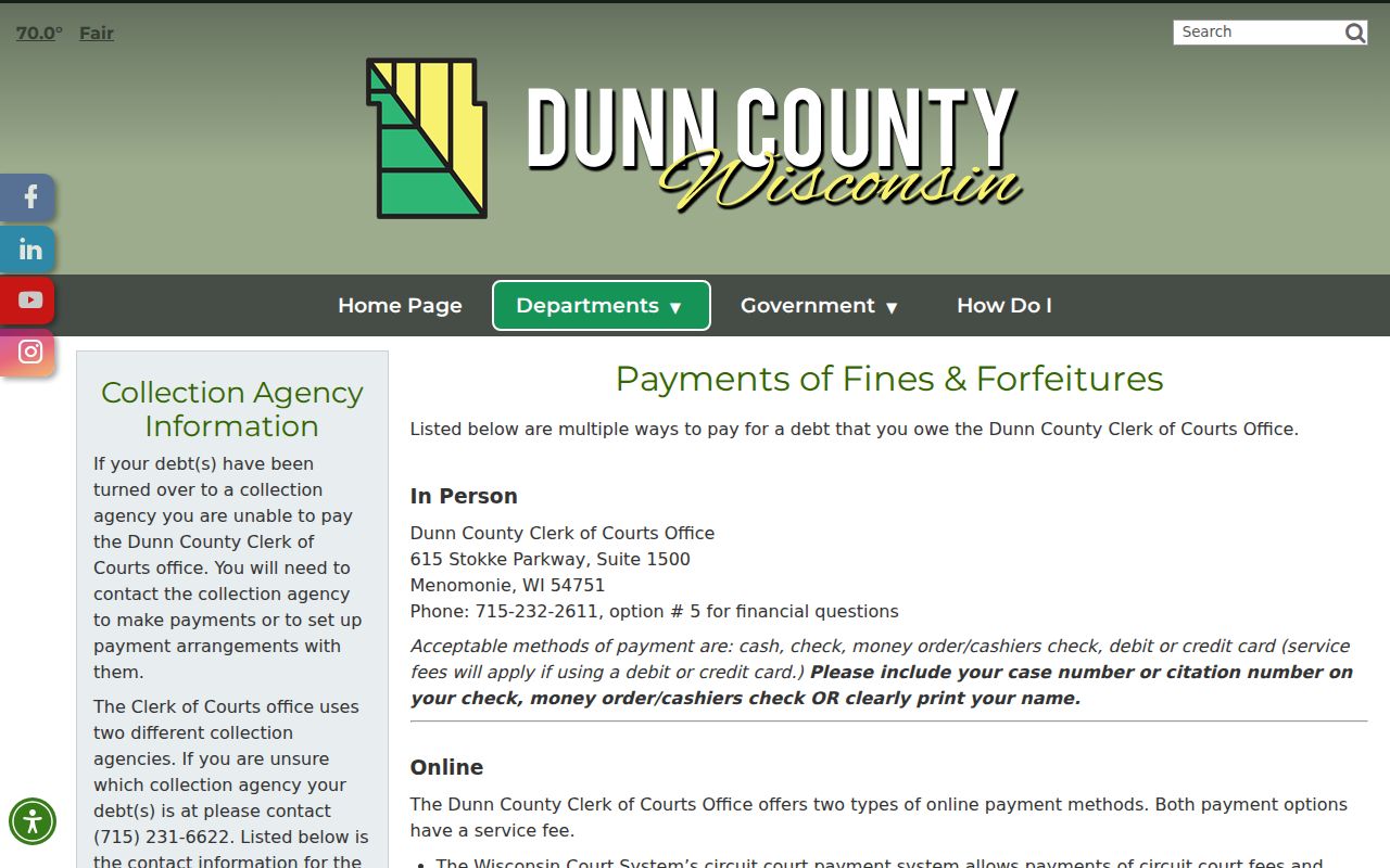 Dunn County court record payment and receipt routes