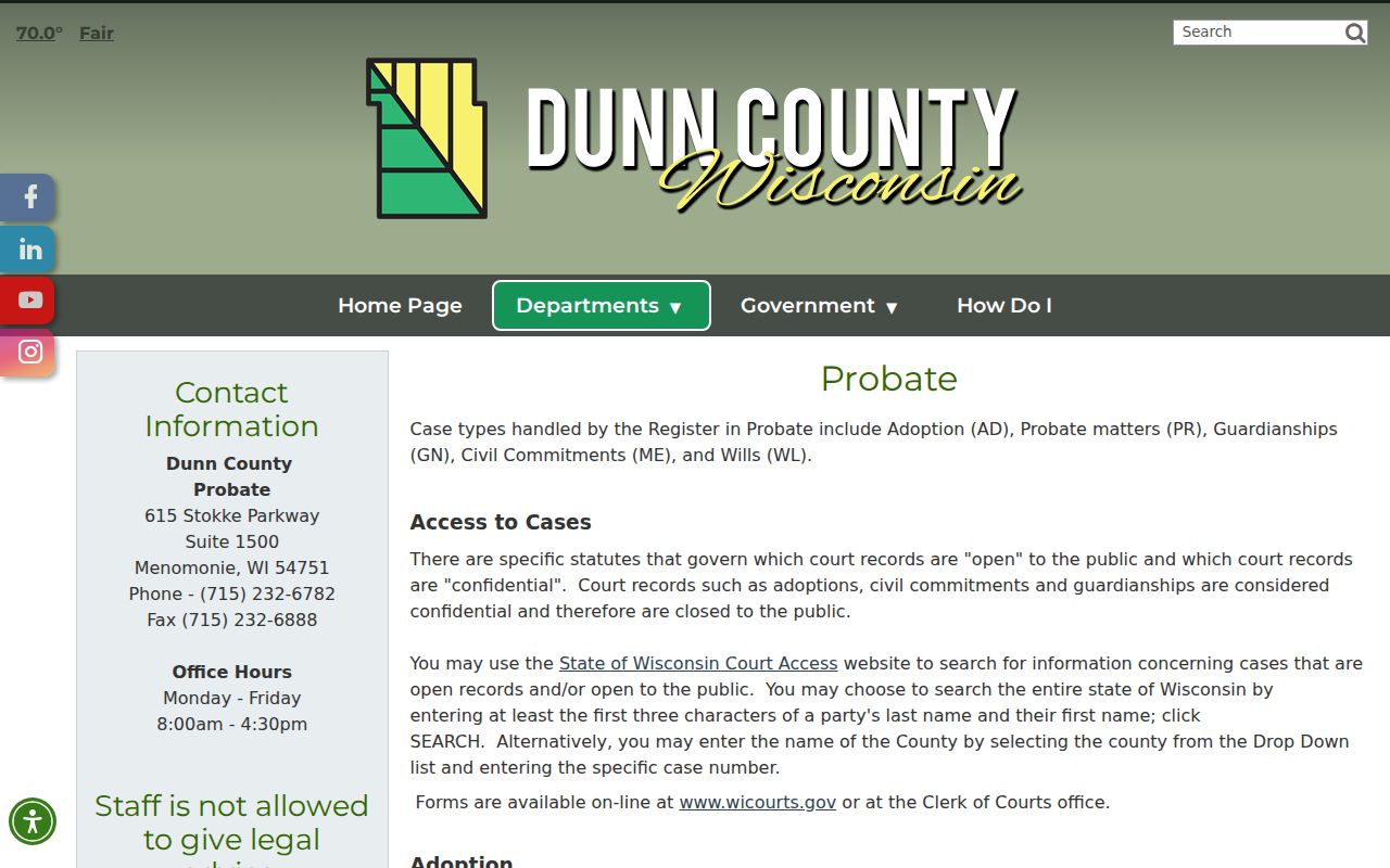 Dunn County court record search for probate case categories
