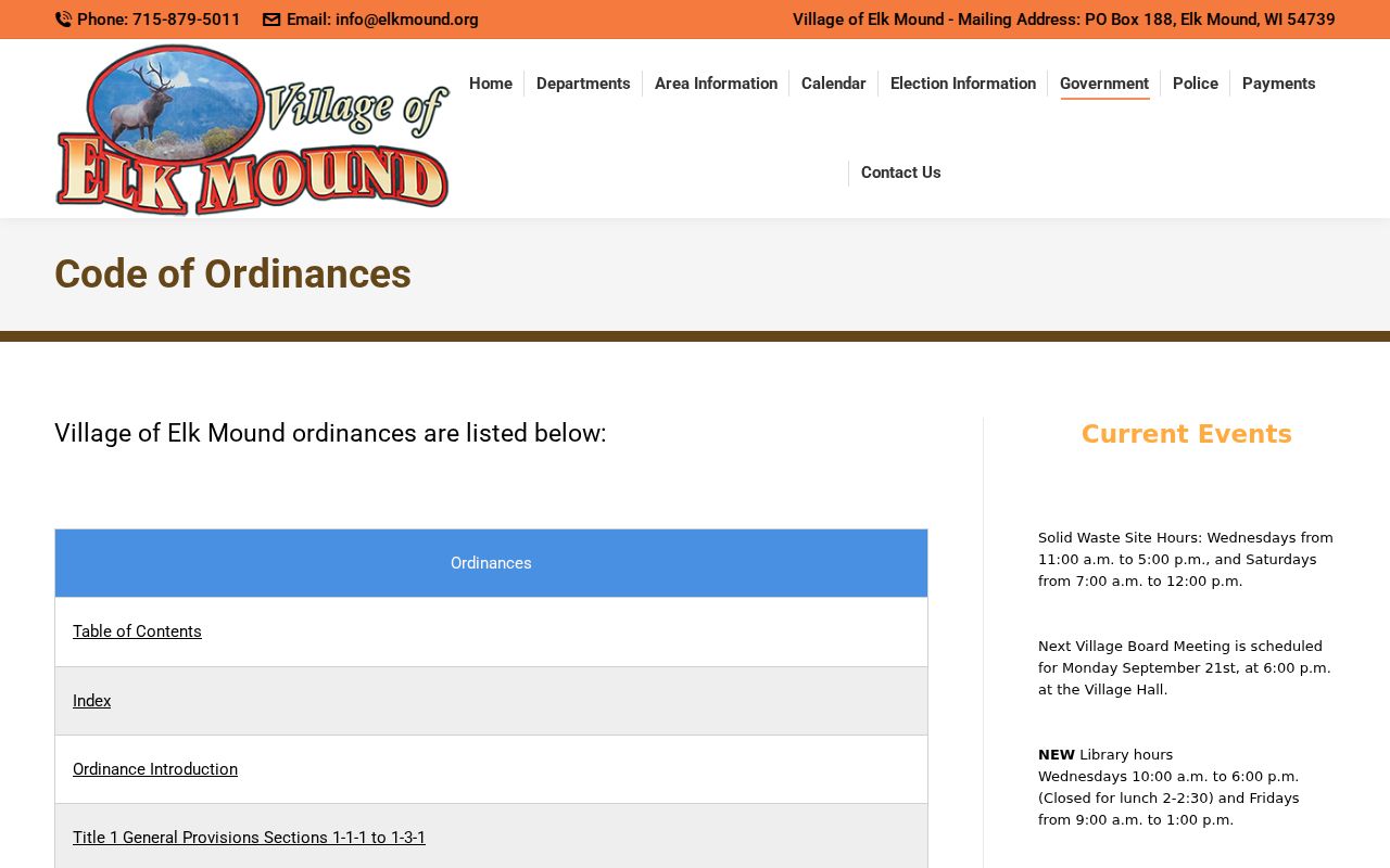 Official Elk Mound code index showing traffic, public safety, and public-record titles