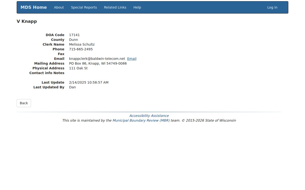 Knapp court docket clerk contact in Wisconsin Municipal Data System