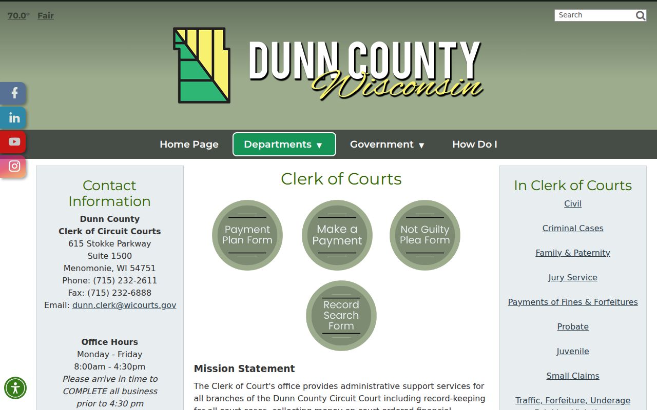 Dunn County Clerk of Circuit Court docket records page
